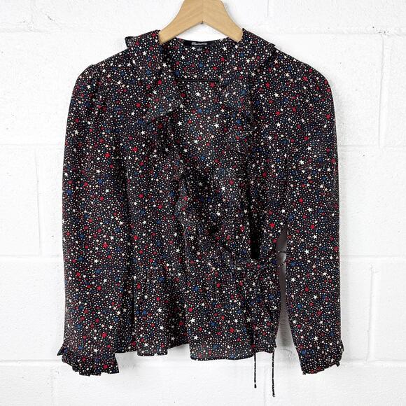 Madewell‎ Silk Wrap Blouse Womens Small Black Star Print Ruffle - Picture 1 of 10